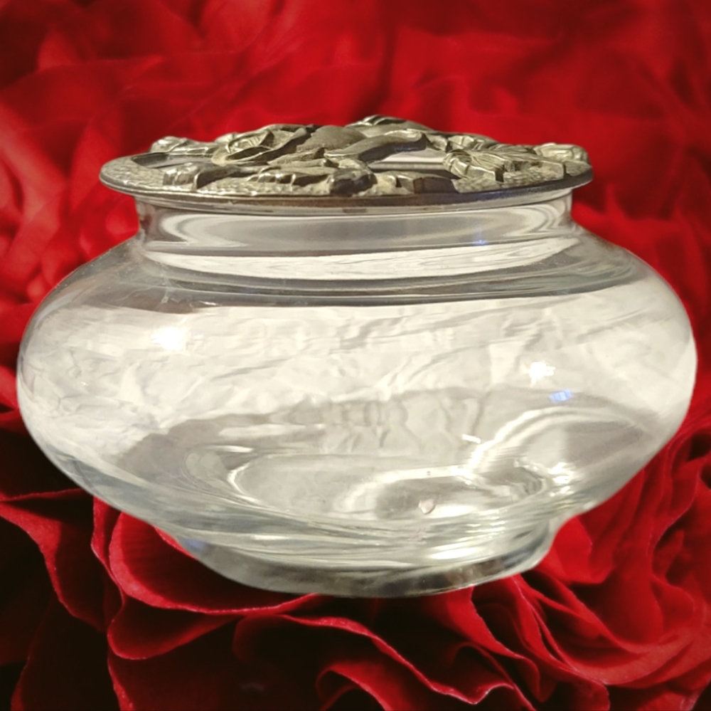 Vtg Crystal Clear Glass Bowl W/Pewter Cut Etched Rose Lid